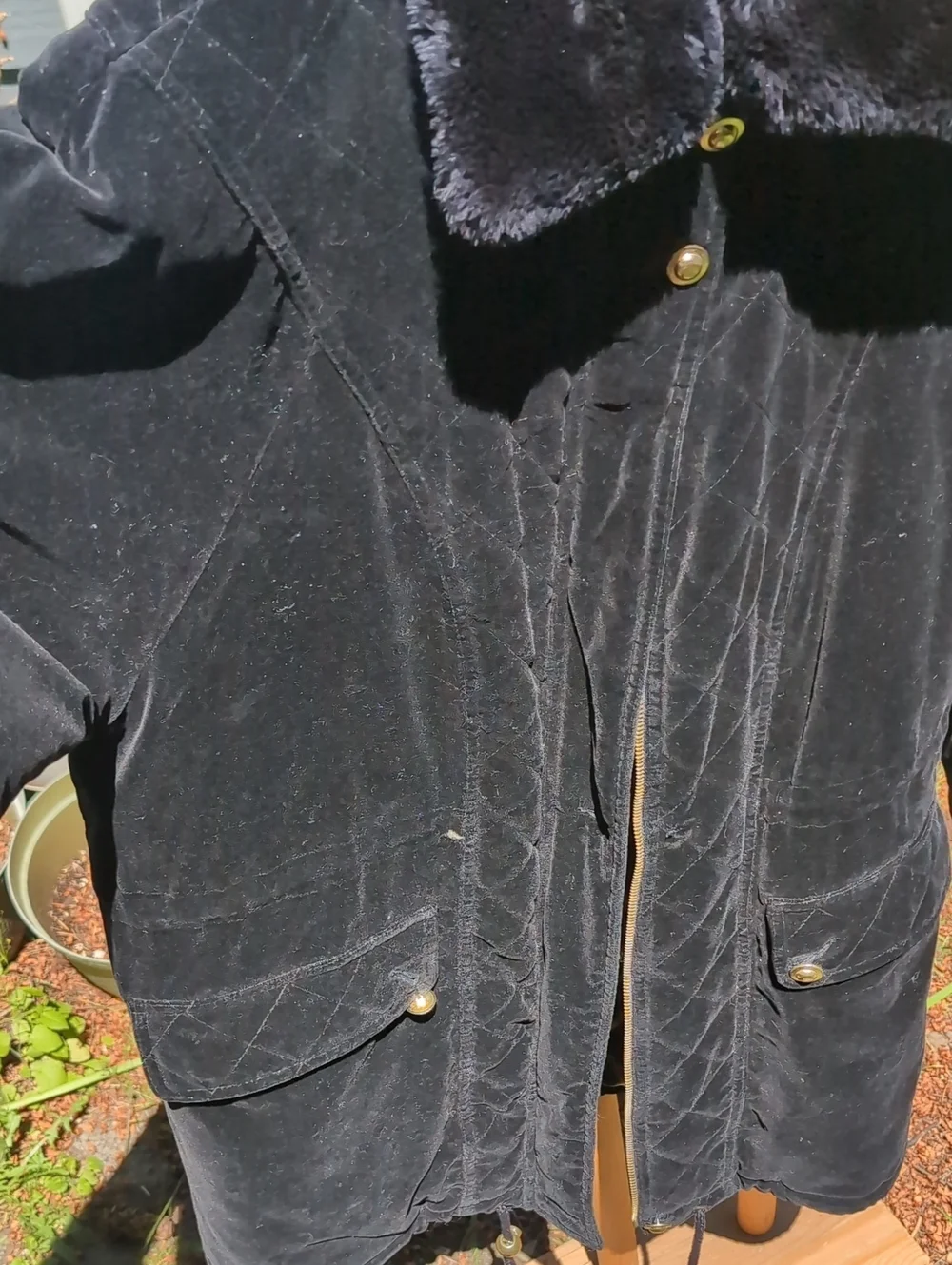 Vintage Current Seen Black Faux Fur Collar Velvety Winter Coat Gold Buttons